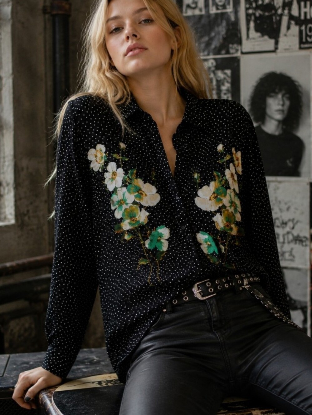 Zara Black Polka Dot Floral Button Up Blouse Women's M Indie Rock Dark Floral